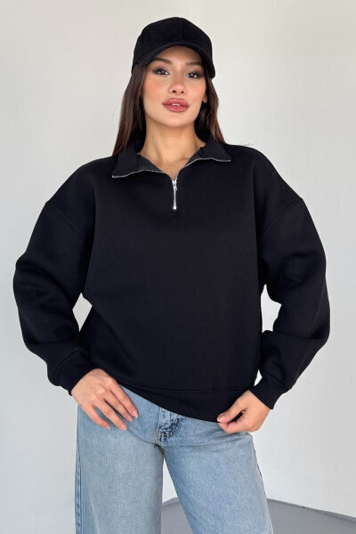 SWT-1870 Siyah Yarım Fermuarlı Yüksek Yaka Basic Sweatshirt (1)
