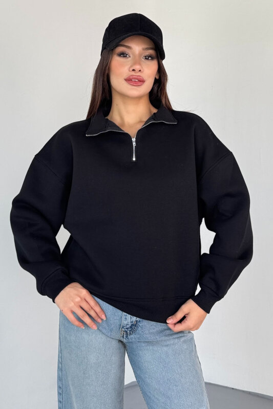 SWT-1870 Siyah Yarım Fermuarlı Yüksek Yaka Basic Sweatshirt - 2