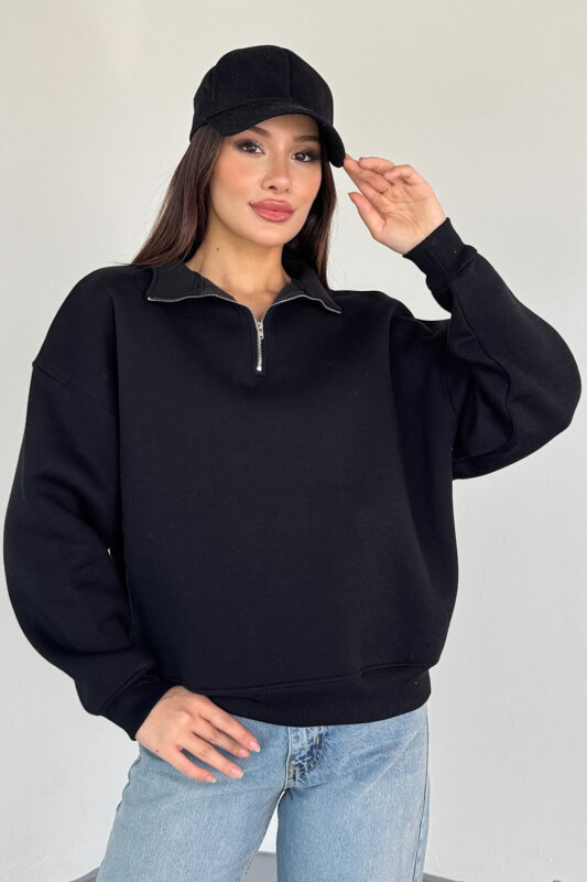 SWT-1870 Siyah Yarım Fermuarlı Yüksek Yaka Basic Sweatshirt - 3