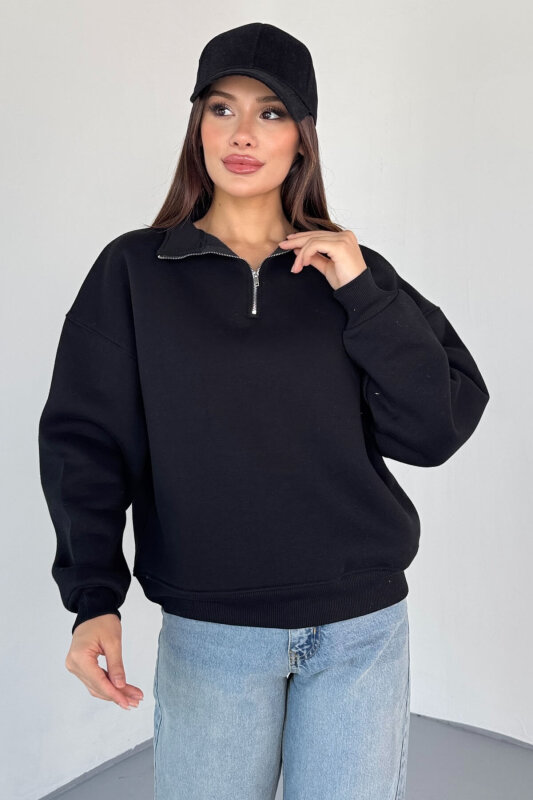 SWT-1870 Siyah Yarım Fermuarlı Yüksek Yaka Basic Sweatshirt - 4