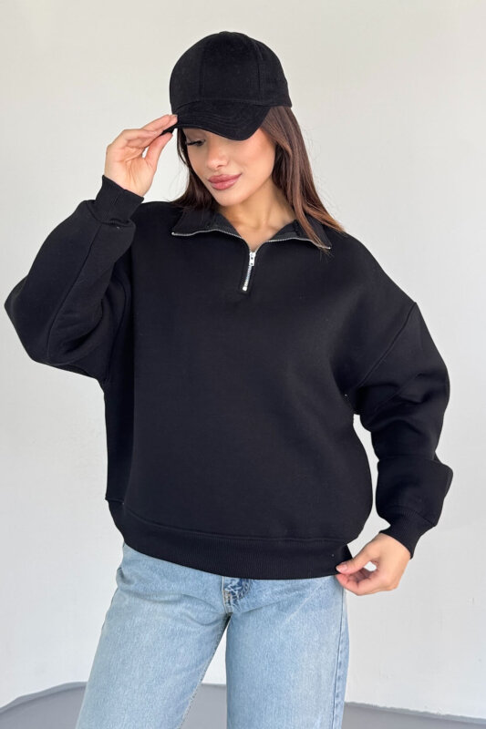 SWT-1870 Siyah Yarım Fermuarlı Yüksek Yaka Basic Sweatshirt - 1