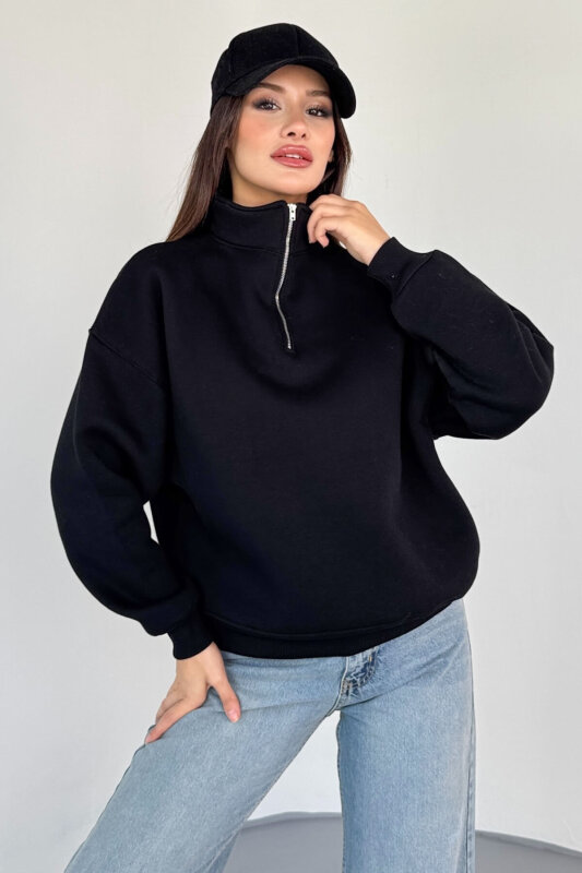 SWT-1870 Siyah Yarım Fermuarlı Yüksek Yaka Basic Sweatshirt - 5