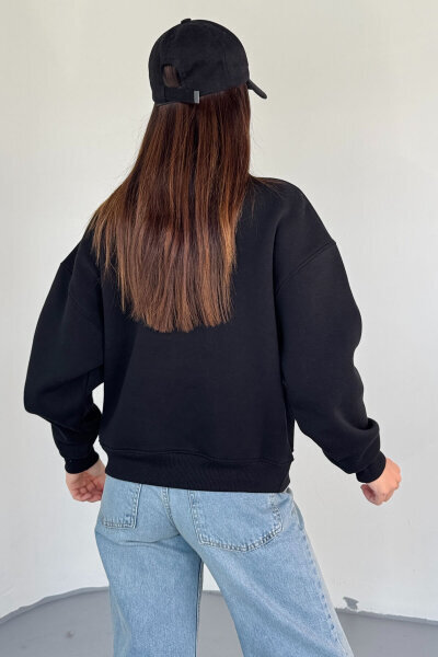 SWT-1870 Siyah Yarım Fermuarlı Yüksek Yaka Basic Sweatshirt - 6