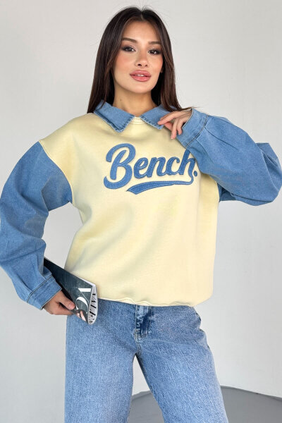 SWT-1872 Krem Bench Nakışlı Denim Yaka ve Kol Detaylı Sweatshirt - Cappmoda