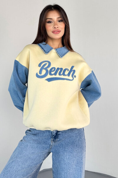SWT-1872 Krem Bench Nakışlı Denim Yaka ve Kol Detaylı Sweatshirt - Cappmoda (1)