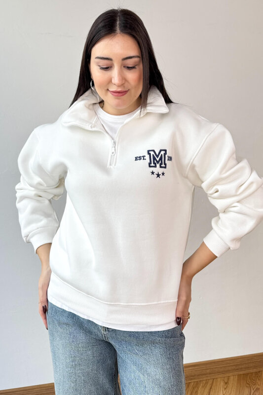 SWT-1877 Beyaz M Nakışlı Dik Yaka Fermuarlı Üç İplik Şardonlu Sweatshirt - 4