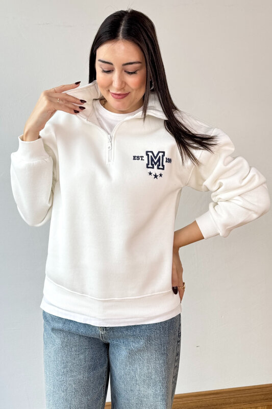 SWT-1877 Beyaz M Nakışlı Dik Yaka Fermuarlı Üç İplik Şardonlu Sweatshirt - 2