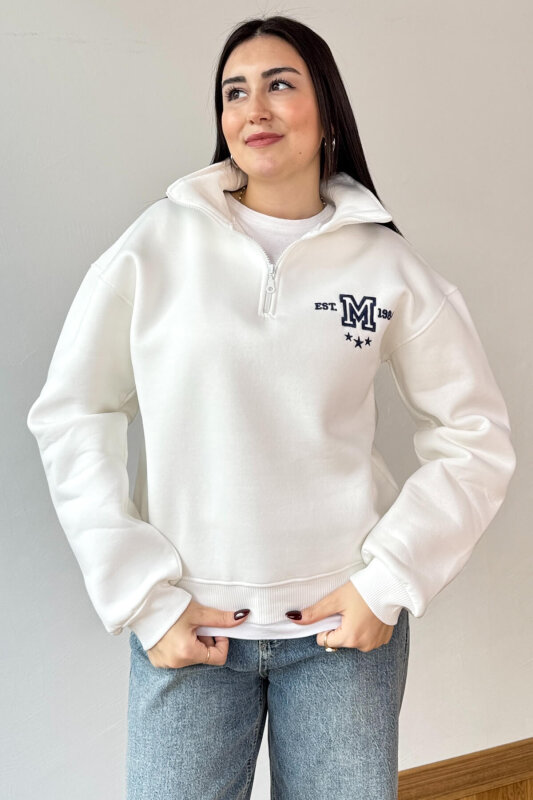 SWT-1877 Beyaz M Nakışlı Dik Yaka Fermuarlı Üç İplik Şardonlu Sweatshirt - 5