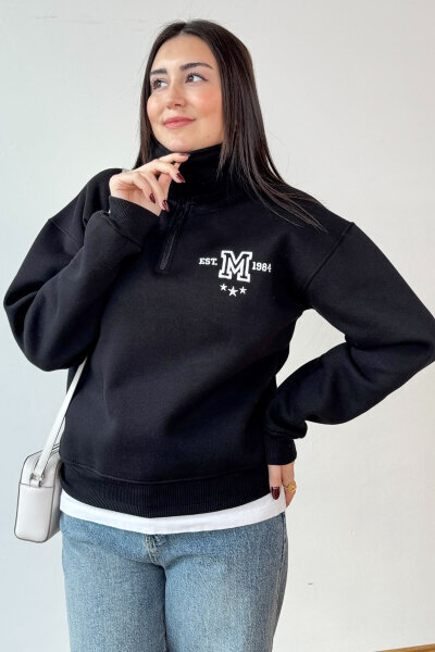 SWT-1877 Siyah M Nakışlı Dik Yaka Fermuarlı Üç İplik Şardonlu Sweatshirt - 3