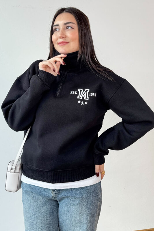 SWT-1877 Siyah M Nakışlı Dik Yaka Fermuarlı Üç İplik Şardonlu Sweatshirt - 3