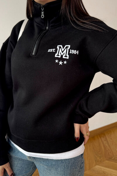 SWT-1877 Siyah M Nakışlı Dik Yaka Fermuarlı Üç İplik Şardonlu Sweatshirt - 4