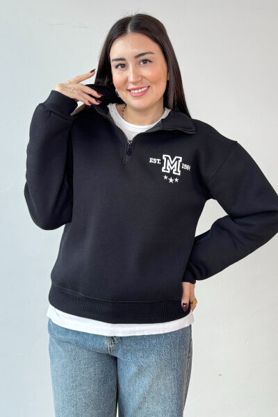 SWT-1877 Siyah M Nakışlı Dik Yaka Fermuarlı Üç İplik Şardonlu Sweatshirt - 1