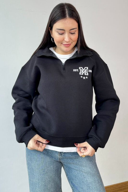 SWT-1877 Siyah M Nakışlı Dik Yaka Fermuarlı Üç İplik Şardonlu Sweatshirt - 5