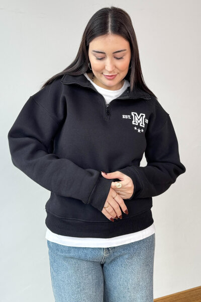 SWT-1877 Siyah M Nakışlı Dik Yaka Fermuarlı Üç İplik Şardonlu Sweatshirt - 6