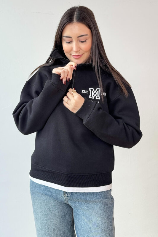 SWT-1877 Siyah M Nakışlı Dik Yaka Fermuarlı Üç İplik Şardonlu Sweatshirt - 2