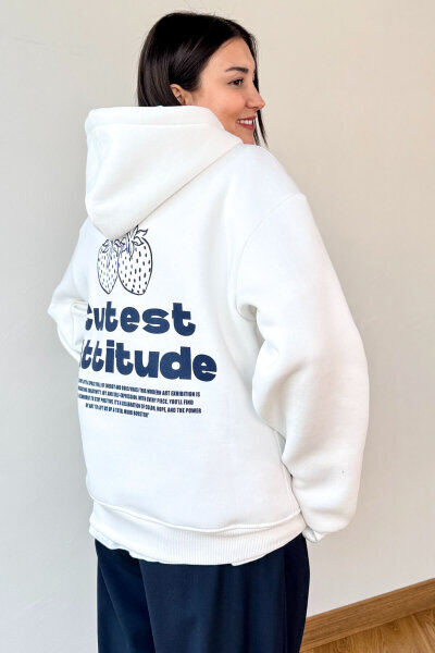SWT-1885 Beyaz Ön Arka Baskılı Astarlı Kapüşonlu Kanguru Cepli Oversize Sweatshirt - Cappmoda (1)