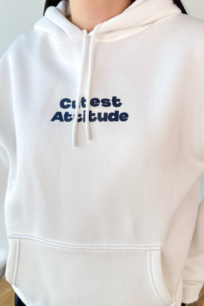 SWT-1885 Beyaz Ön Arka Baskılı Astarlı Kapüşonlu Kanguru Cepli Oversize Sweatshirt  - 3