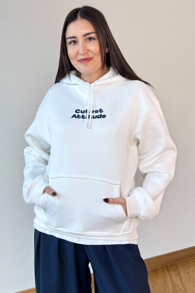 SWT-1885 Beyaz Ön Arka Baskılı Astarlı Kapüşonlu Kanguru Cepli Oversize Sweatshirt  - 4