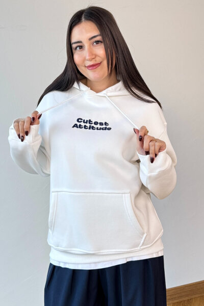 SWT-1885 Beyaz Ön Arka Baskılı Astarlı Kapüşonlu Kanguru Cepli Oversize Sweatshirt - Cappmoda