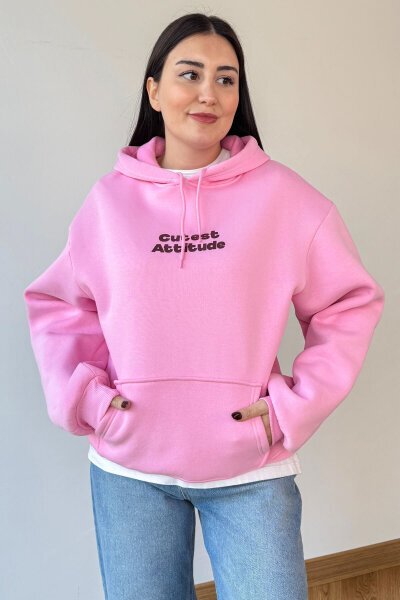 SWT-1885 Pembe Ön Arka Baskılı Astarlı Kapüşonlu Kanguru Cepli Oversize Sweatshirt 