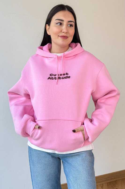 SWT-1885 Pembe Ön Arka Baskılı Astarlı Kapüşonlu Kanguru Cepli Oversize Sweatshirt - 1