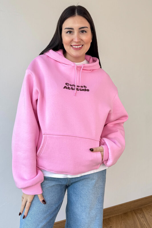 SWT-1885 Pembe Ön Arka Baskılı Astarlı Kapüşonlu Kanguru Cepli Oversize Sweatshirt - 3