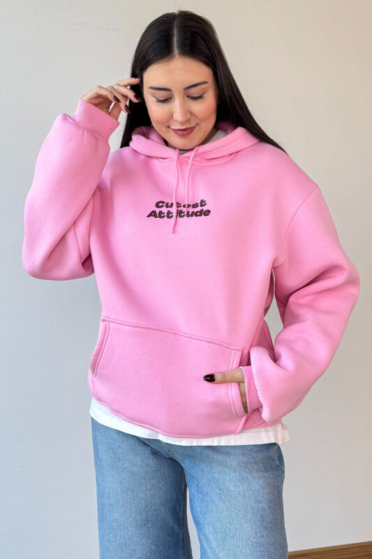 SWT-1885 Pembe Ön Arka Baskılı Astarlı Kapüşonlu Kanguru Cepli Oversize Sweatshirt - 4