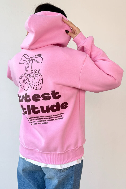 SWT-1885 Pembe Ön Arka Baskılı Astarlı Kapüşonlu Kanguru Cepli Oversize Sweatshirt - 2