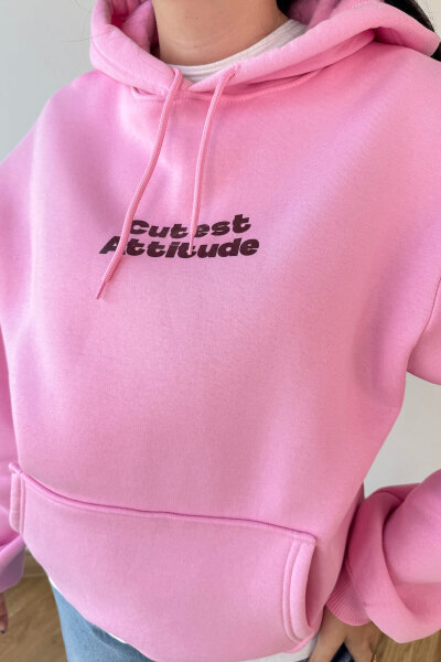 SWT-1885 Pembe Ön Arka Baskılı Astarlı Kapüşonlu Kanguru Cepli Oversize Sweatshirt - 5