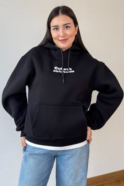 SWT-1885 Siyah Ön Arka Baskılı Astarlı Kapüşonlu Kanguru Cepli Oversize Sweatshirt - 3