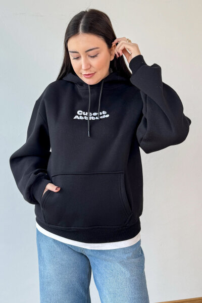 SWT-1885 Siyah Ön Arka Baskılı Astarlı Kapüşonlu Kanguru Cepli Oversize Sweatshirt - Cappmoda