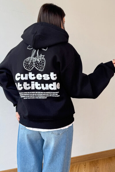 SWT-1885 Siyah Ön Arka Baskılı Astarlı Kapüşonlu Kanguru Cepli Oversize Sweatshirt - Cappmoda (1)