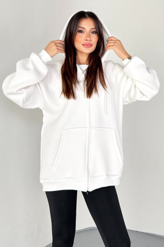 SWT-189 Beyaz Kapüşonlu Tam Fermuarlı Kanguru Cepli Sweatshirt - 1