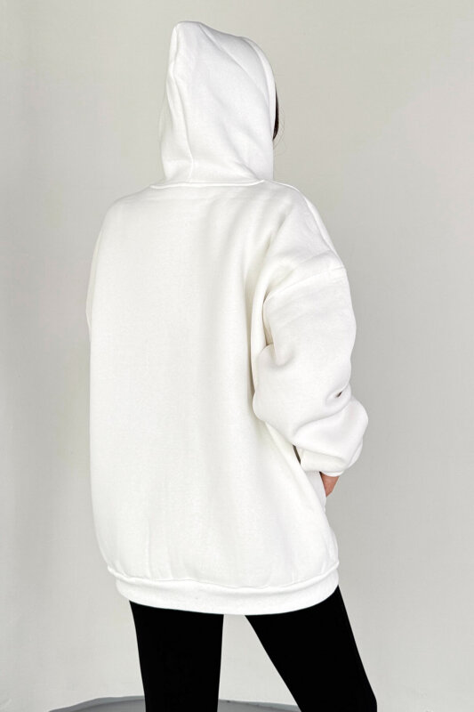 SWT-189 Beyaz Kapüşonlu Tam Fermuarlı Kanguru Cepli Sweatshirt - 2