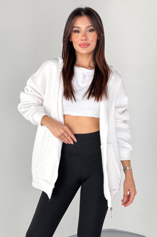 SWT-189 Beyaz Kapüşonlu Tam Fermuarlı Kanguru Cepli Sweatshirt - 3