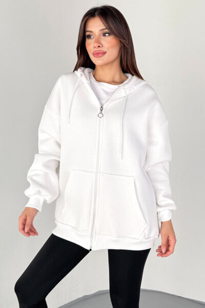 SWT-189 Beyaz Kapüşonlu Tam Fermuarlı Kanguru Cepli Sweatshirt - 4