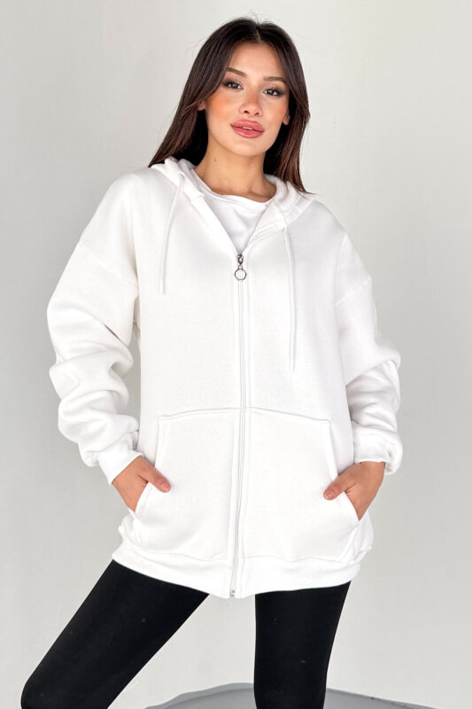 SWT-189 Beyaz Kapüşonlu Tam Fermuarlı Kanguru Cepli Sweatshirt - 5