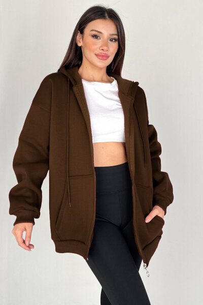 SWT-189 Kahverengi Kapüşonlu Tam Fermuarlı Kanguru Cepli Sweatshirt - 1