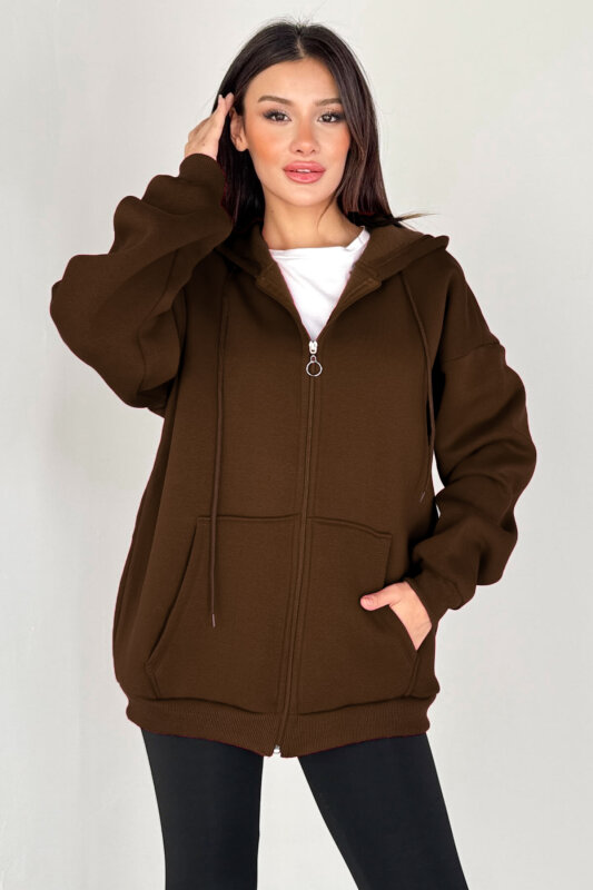 SWT-189 Kahverengi Kapüşonlu Tam Fermuarlı Kanguru Cepli Sweatshirt - 2