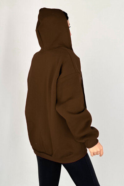 SWT-189 Kahverengi Kapüşonlu Tam Fermuarlı Kanguru Cepli Sweatshirt - 3