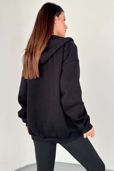 SWT-189 Siyah Kapüşonlu Tam Fermuarlı Kanguru Cepli Sweatshirt - 3