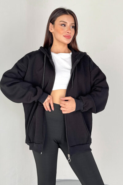 SWT-189 Siyah Kapüşonlu Tam Fermuarlı Kanguru Cepli Sweatshirt - 2