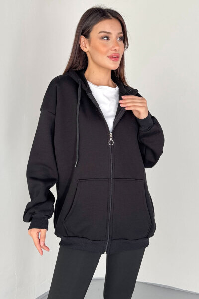 SWT-189 Siyah Kapüşonlu Tam Fermuarlı Kanguru Cepli Sweatshirt - 4