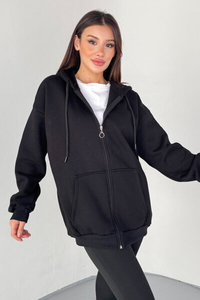 SWT-189 Siyah Kapüşonlu Tam Fermuarlı Kanguru Cepli Sweatshirt - 5
