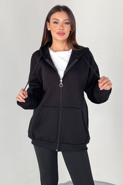 SWT-189 Siyah Kapüşonlu Tam Fermuarlı Kanguru Cepli Sweatshirt - 1