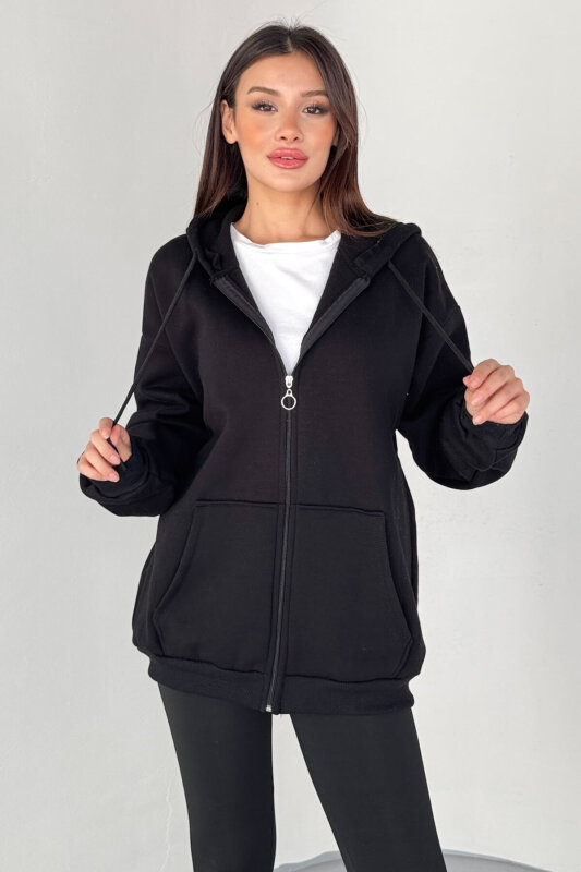 SWT-189 Siyah Kapüşonlu Tam Fermuarlı Kanguru Cepli Sweatshirt - 1