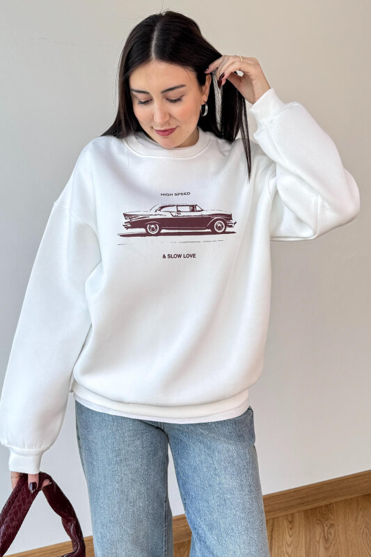 SWT-1894 Beyaz Baskılı Şardonlu Üç İplik Kompakt Penye Kumaş Sweatshirt - 1