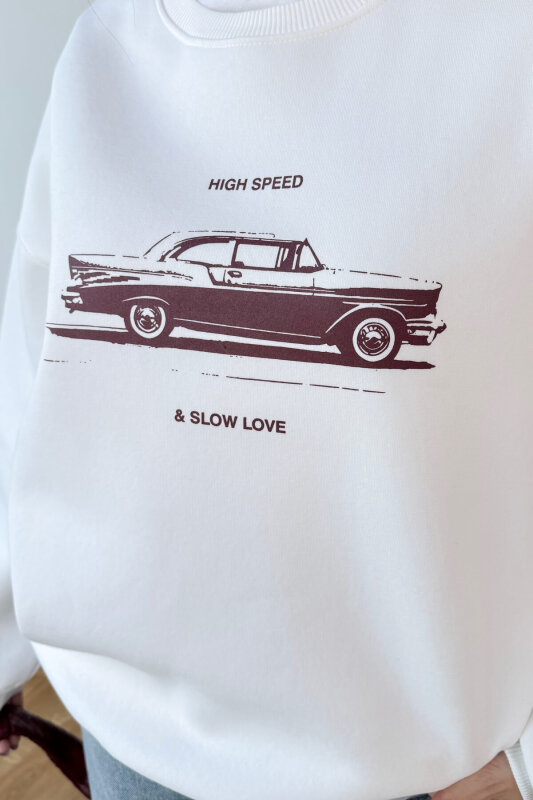 SWT-1894 Beyaz Baskılı Şardonlu Üç İplik Kompakt Penye Kumaş Sweatshirt - 2