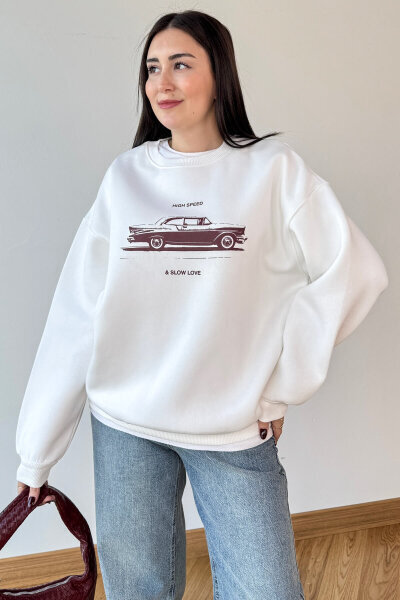SWT-1894 Beyaz Baskılı Şardonlu Üç İplik Kompakt Penye Kumaş Sweatshirt - 3
