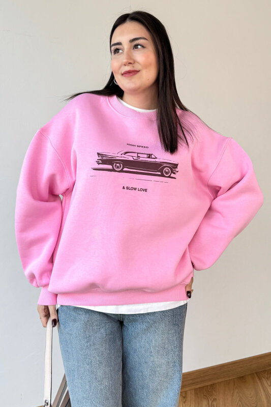 SWT-1894 Pembe Baskılı Şardonlu Üç İplik Kompakt Penye Kumaş Sweatshirt - 1